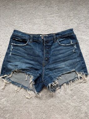 Abercrombie & Fitch Distressed Dark Blue Button-Fly Denim Shorts